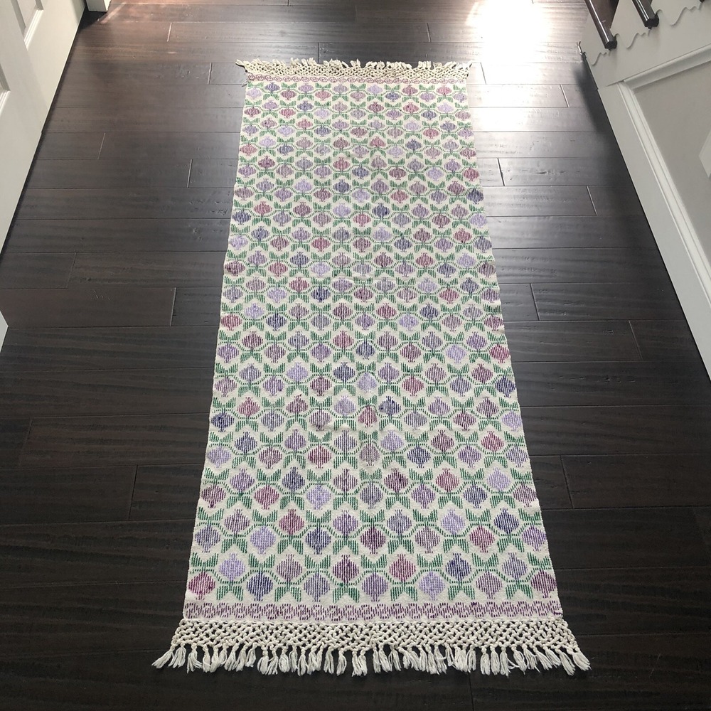 Vintage Hand Knit Floral Lap Blanket Table Runner Fringe Edge MCM 75" x 28" - Picture 7 of 8